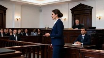 Imagem de uma advogada atuando em um tribunal do juri, vestindo blaze e saia azul, com camisa social azul, com um coque, cabelos castanhos. Ao fundo o Juri composto por 9 pessoas entre homens e mulheres, um cliente homem vestido de terno sentado e o mesário vestindo terno sentado. O tribunal é em madeira antiga.