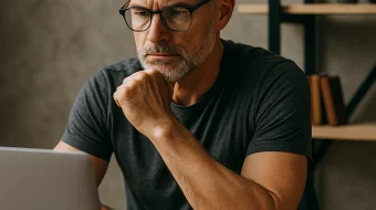 imagem_gerada-_1_ imagem de um homem branco com barba grisalha, vestindo óculos, sentado a frente da mesa de trabalho, com a mão esquerda no queixo, olhando para o notebook prata aberto a frente. Atrás dele, uma prateleira com decorações e livros.