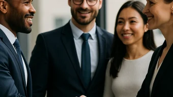 imagem_gerada Imagem de 4 pessoas sorrindo e se cumprimentando. Um homem negro barbudo, vestindo terno completo, um branco barbudo com óculos vestindo terno compelto, uma aziática com roupa executiva e uma loira vestindo blazer que aperta a mão do primeiro listado.